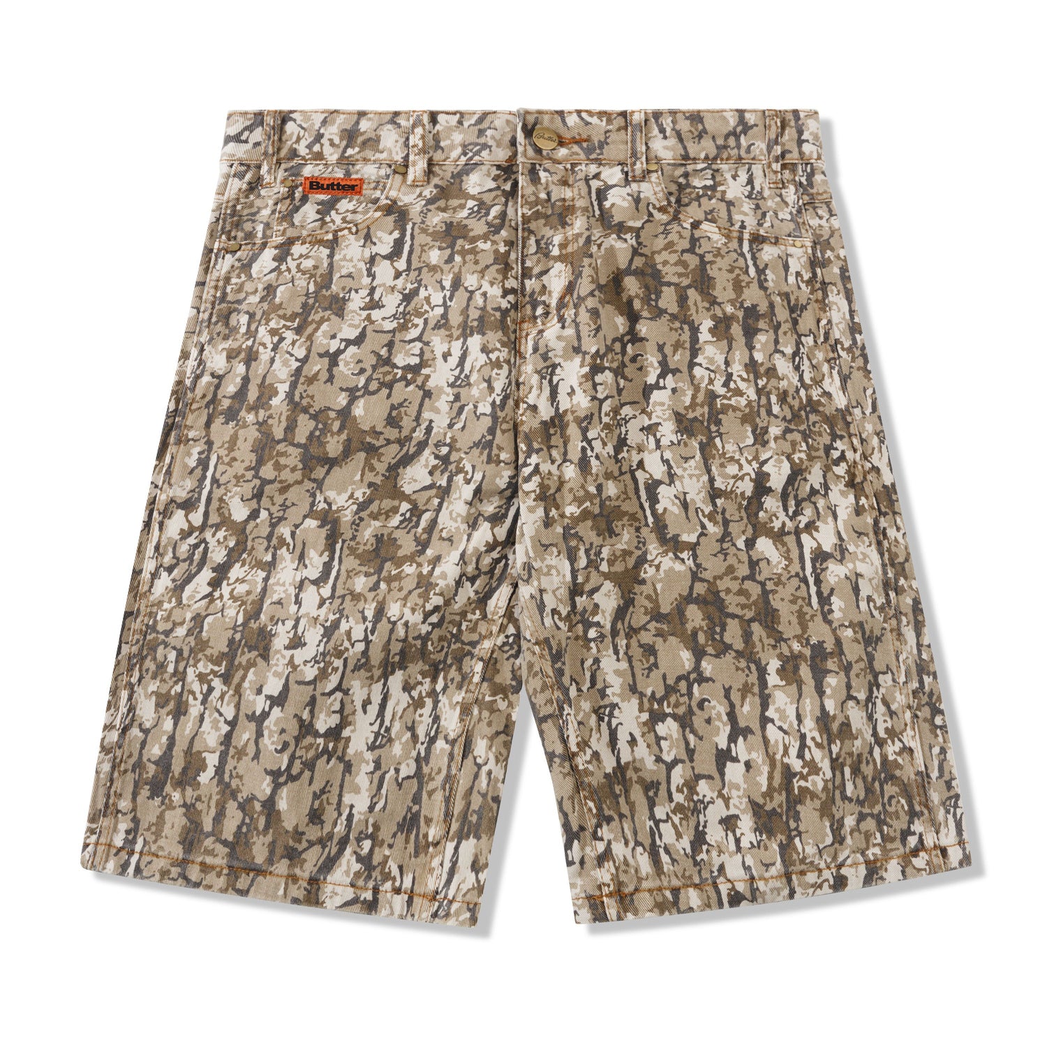 Bark Camo Denim Shorts, Tan