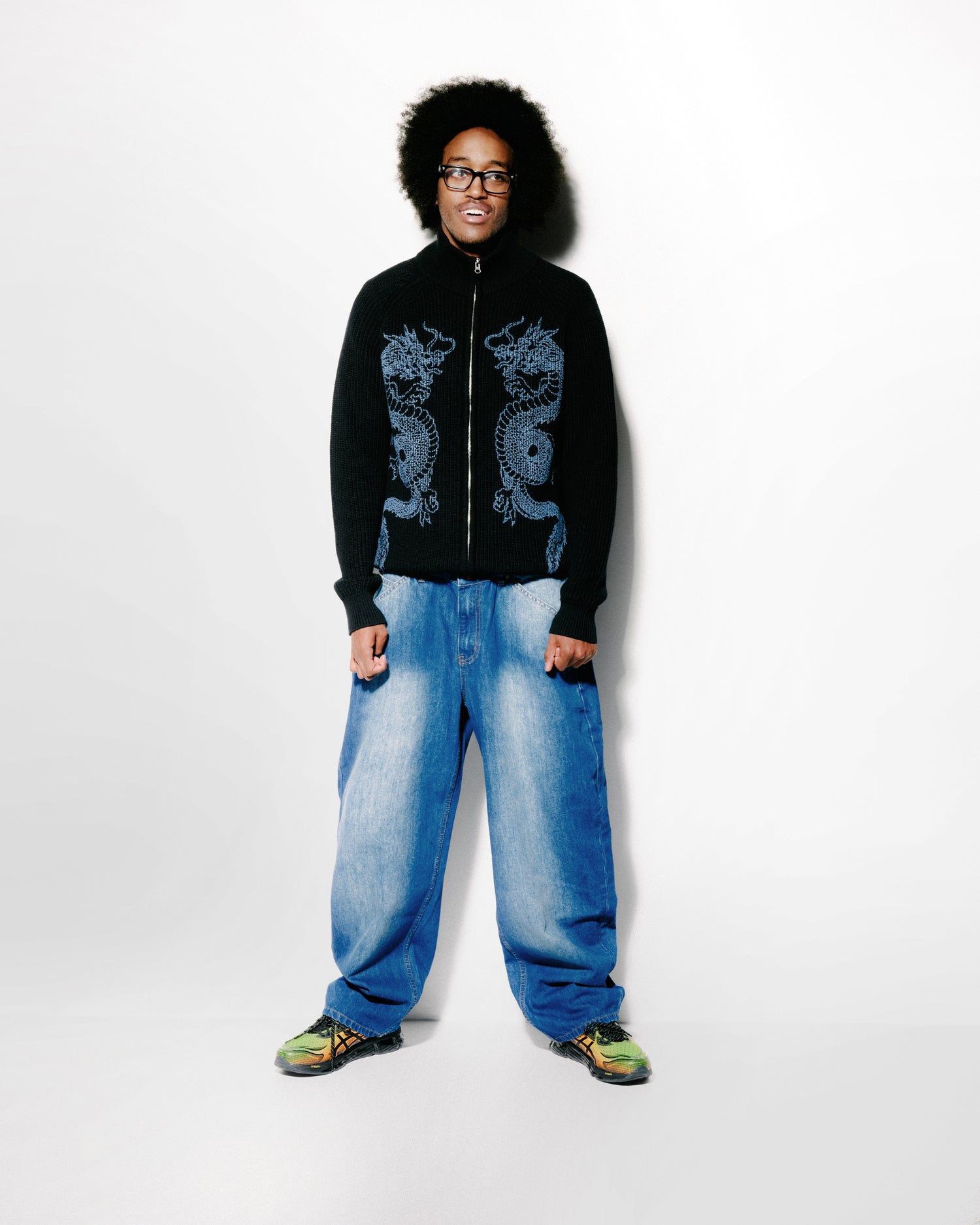 Dragon Zip-Thru Knit Sweater, Black