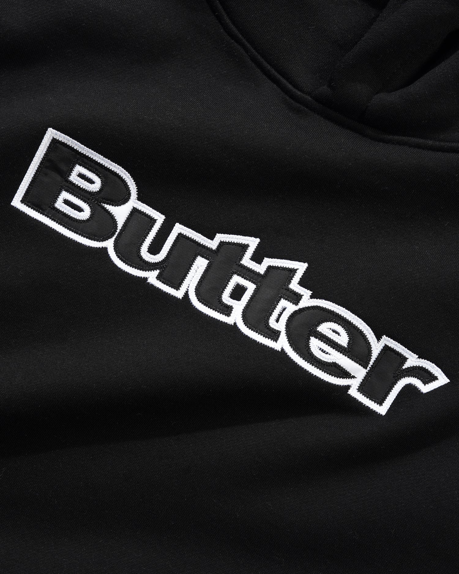 Satin Logo Applique Pullover Hood, Black