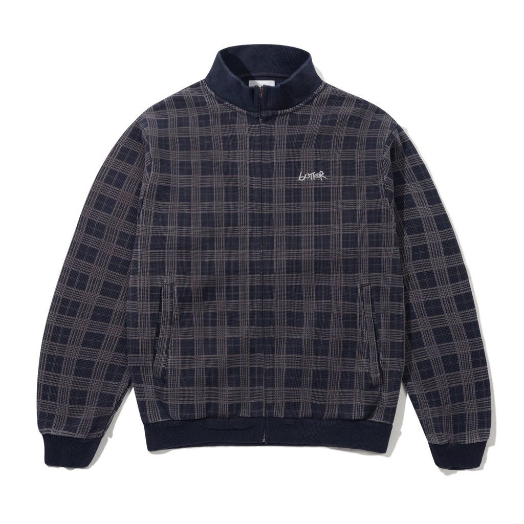 Funnel Neck Waffle Zip Thru Navy Plaid