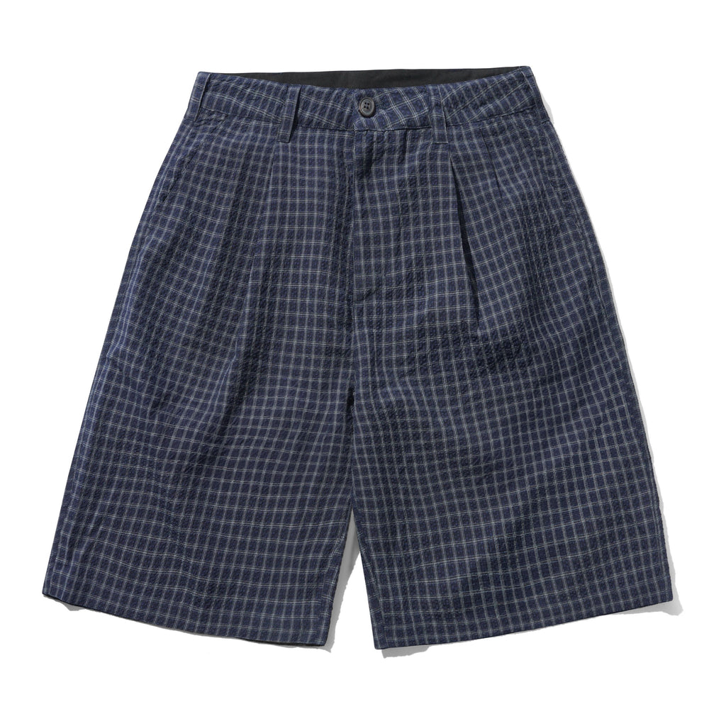 Seersucker Pleated Shorts Navy Plaid