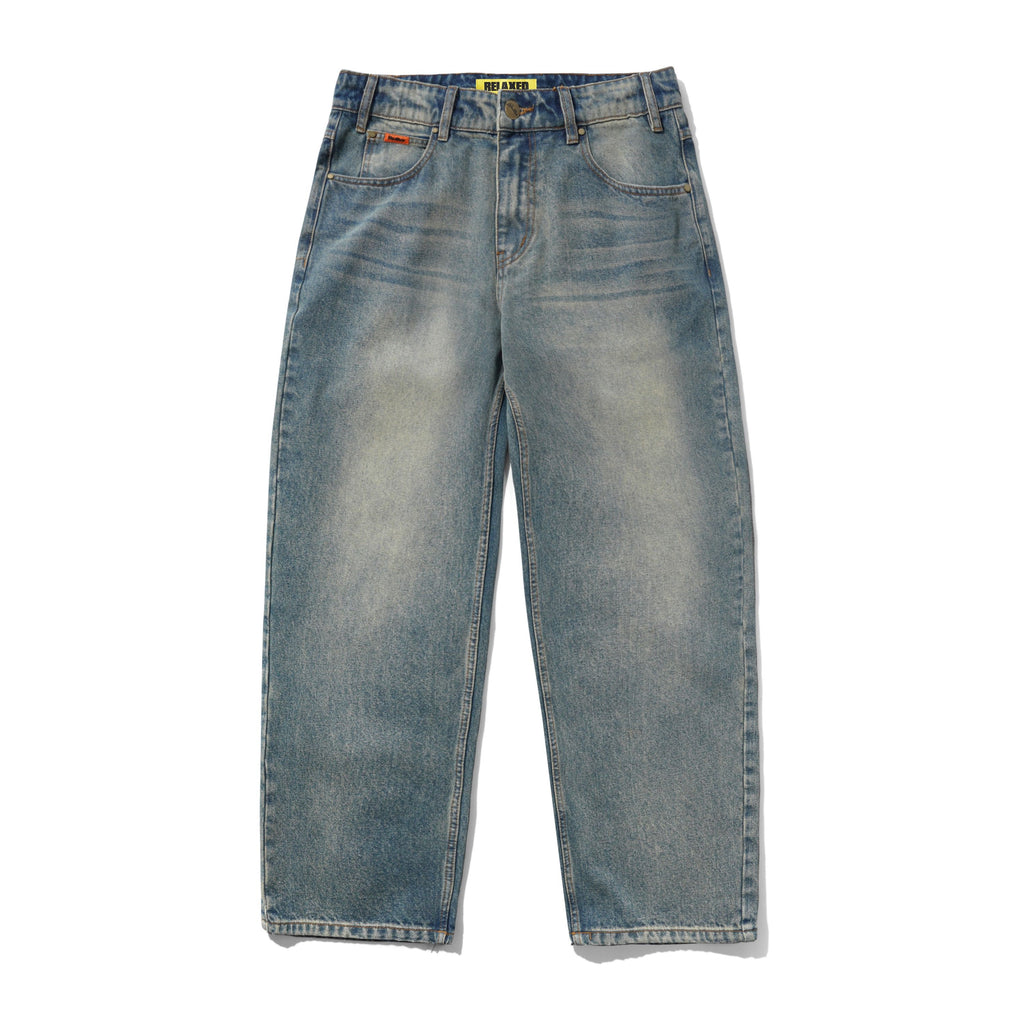 Relaxed Denim Jeans Distressed Mid Blue