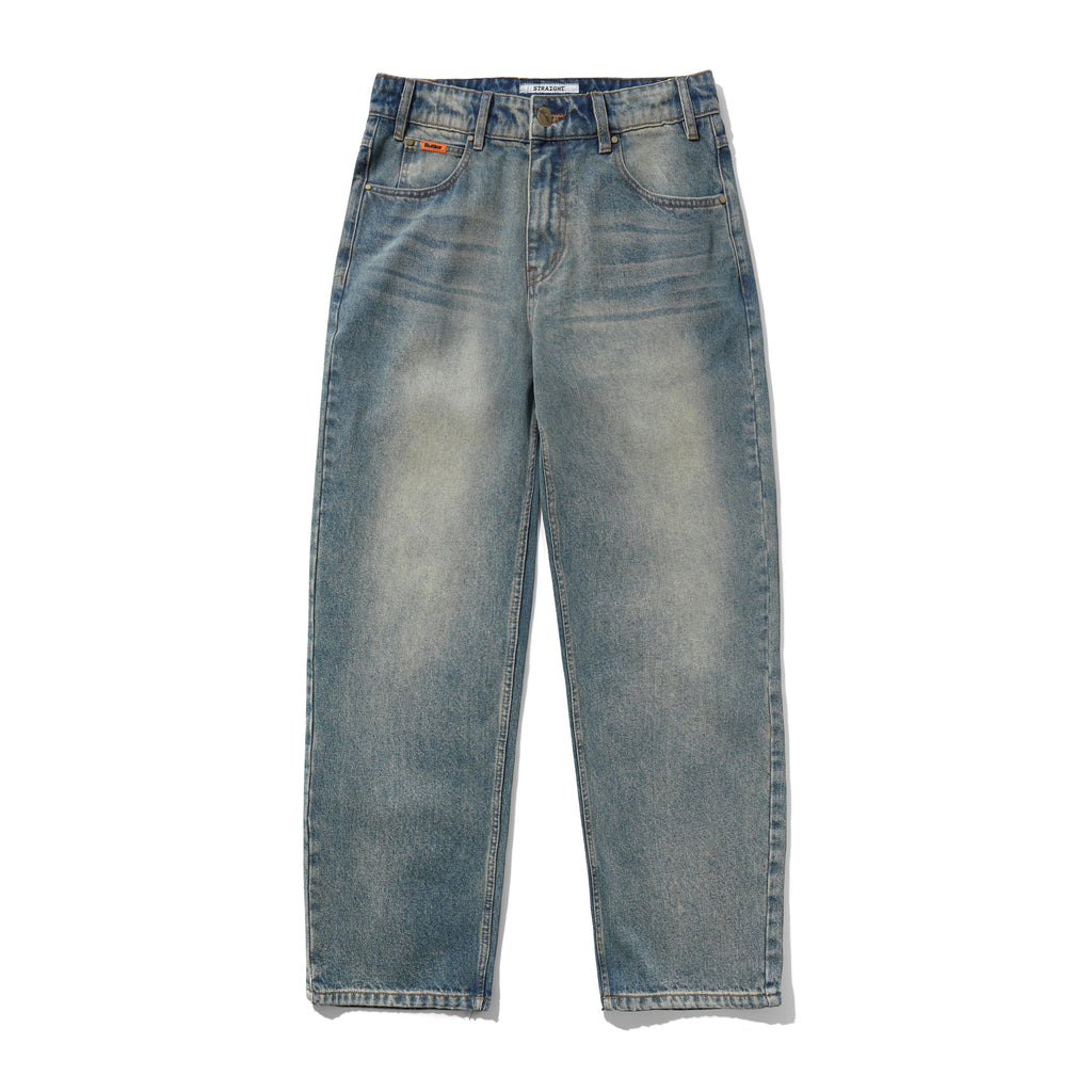 Straight Leg Denim Jeans Distressed Mid Blue