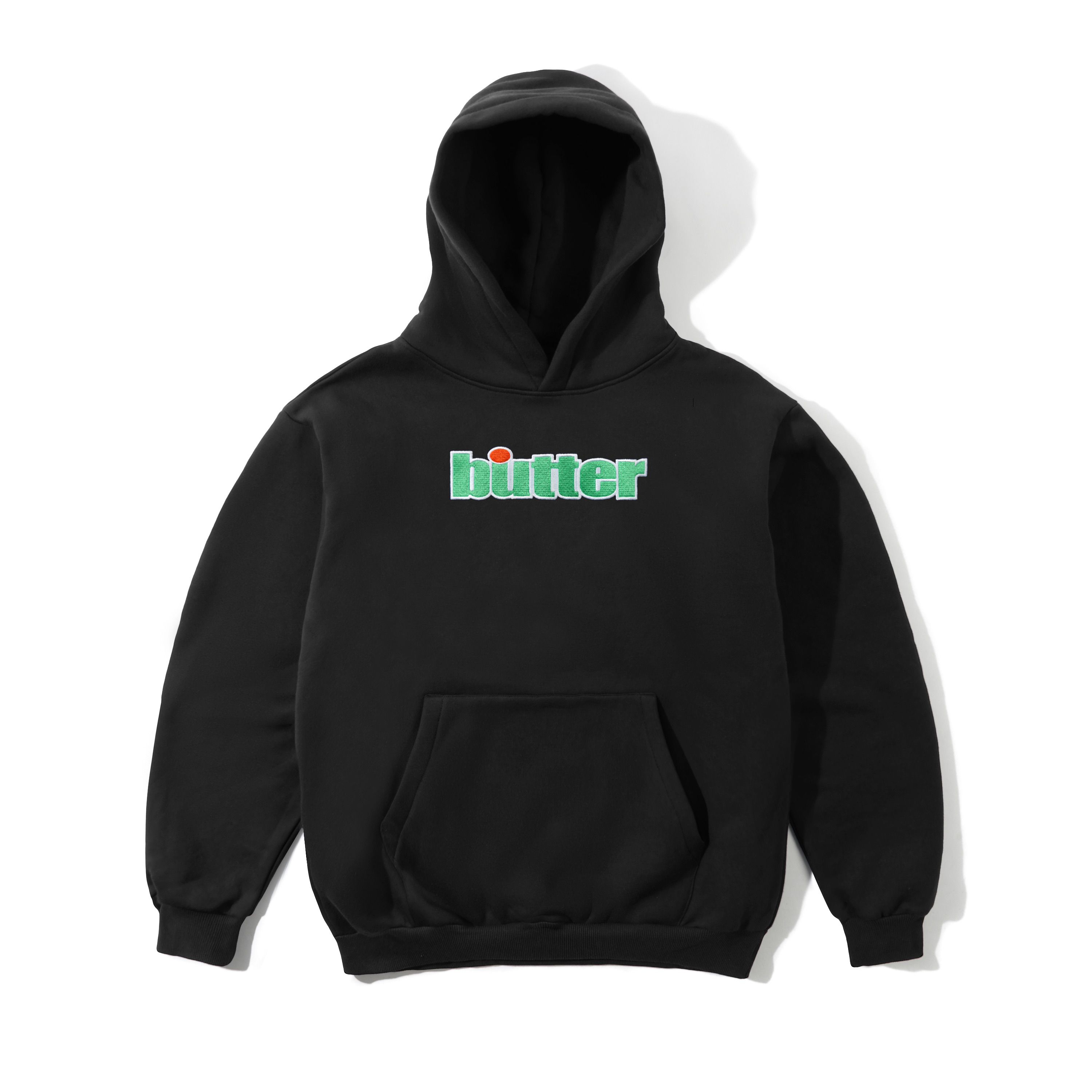 【BUTTER GOODS】 Satin Logo Applique Pullover Hood, Black Satin Logo Applique Pullover Hood, Black – Butter Goods USA