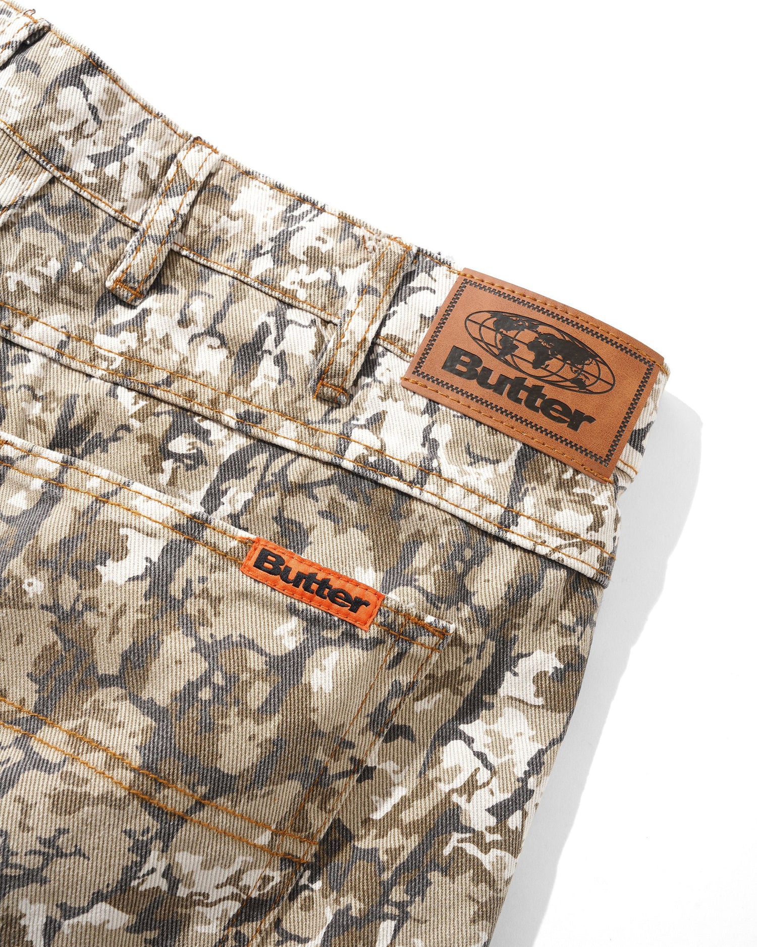 Bark Camo Denim Shorts, Tan