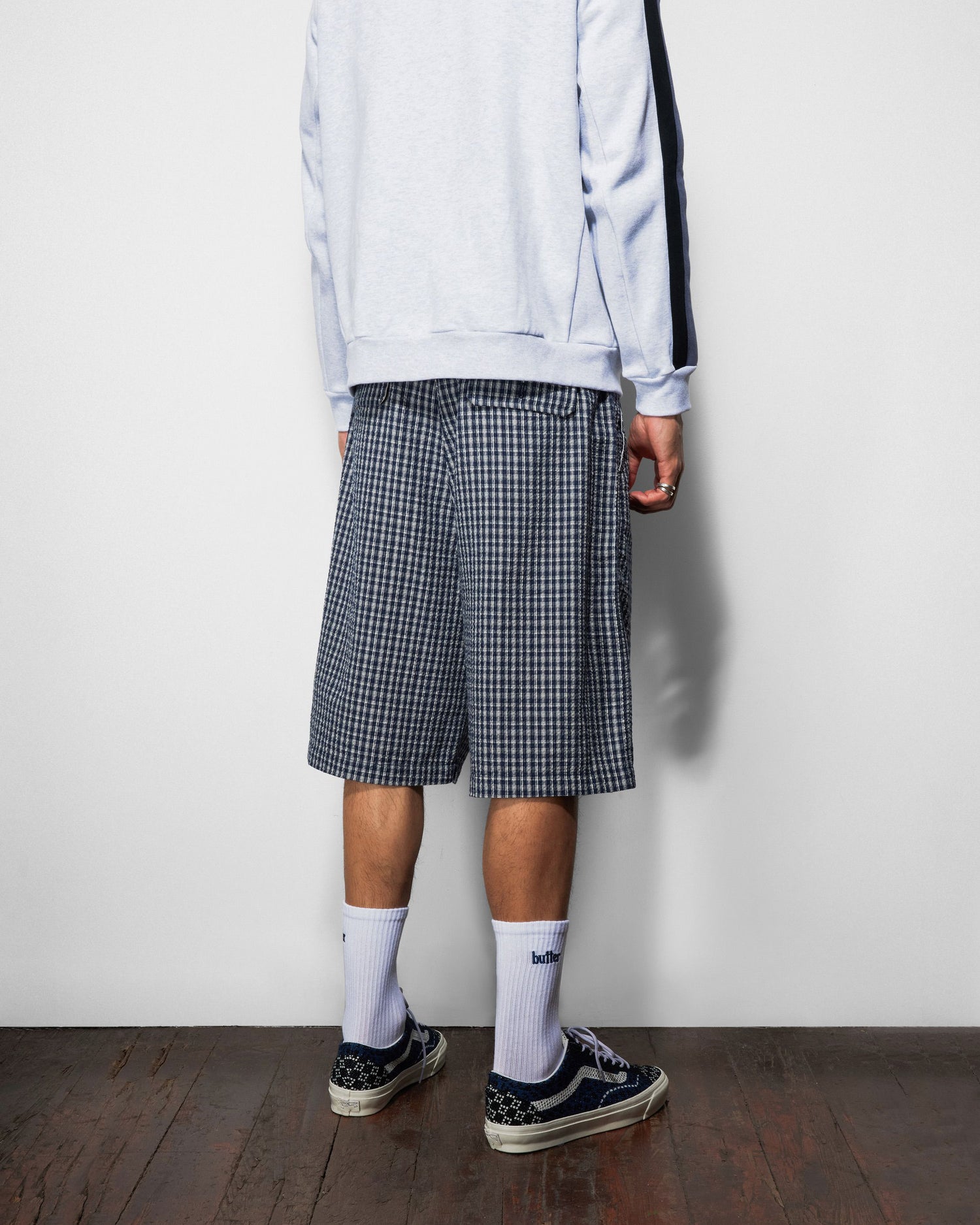 Pleated Shorts, Navy Plaid