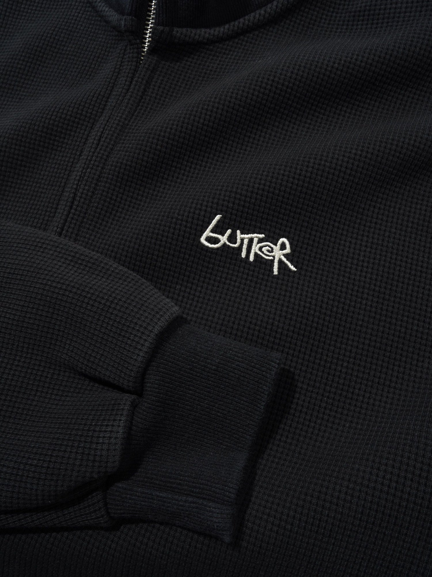 Funnel Neck Waffle Zip-Thru, Washed Black