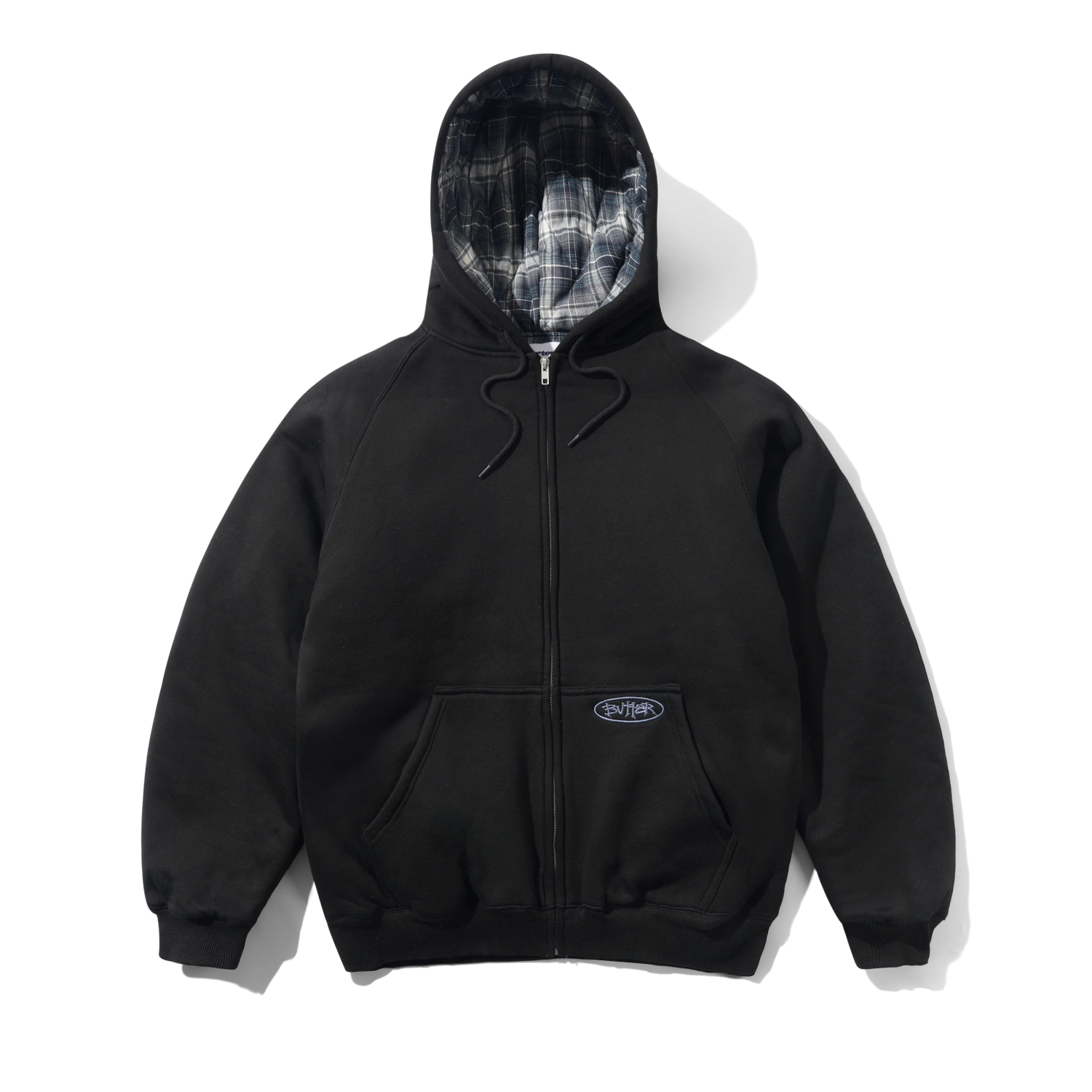 Plaid Lined Zip-Thru Hood, Black