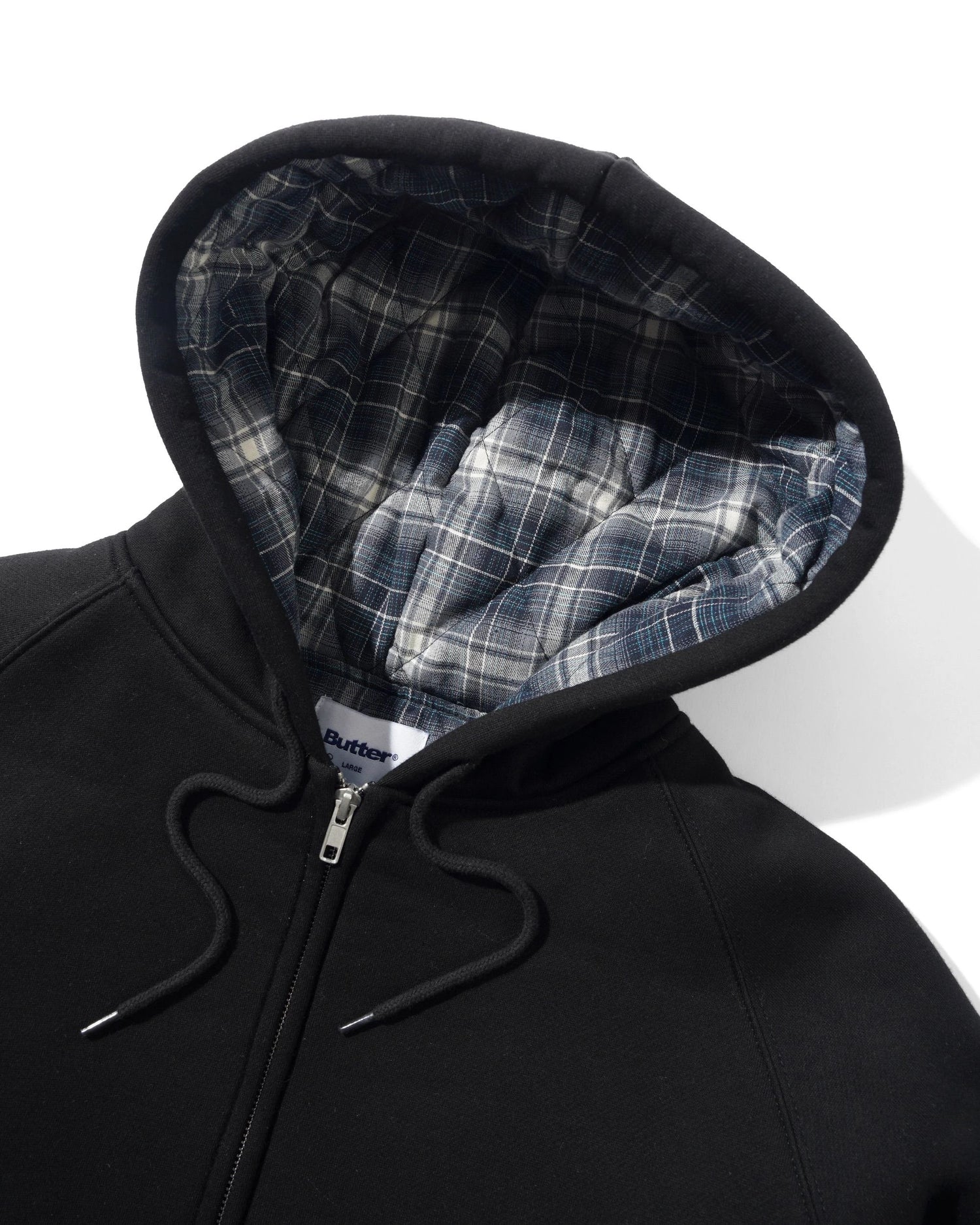 Plaid Lined Zip-Thru Hood, Black
