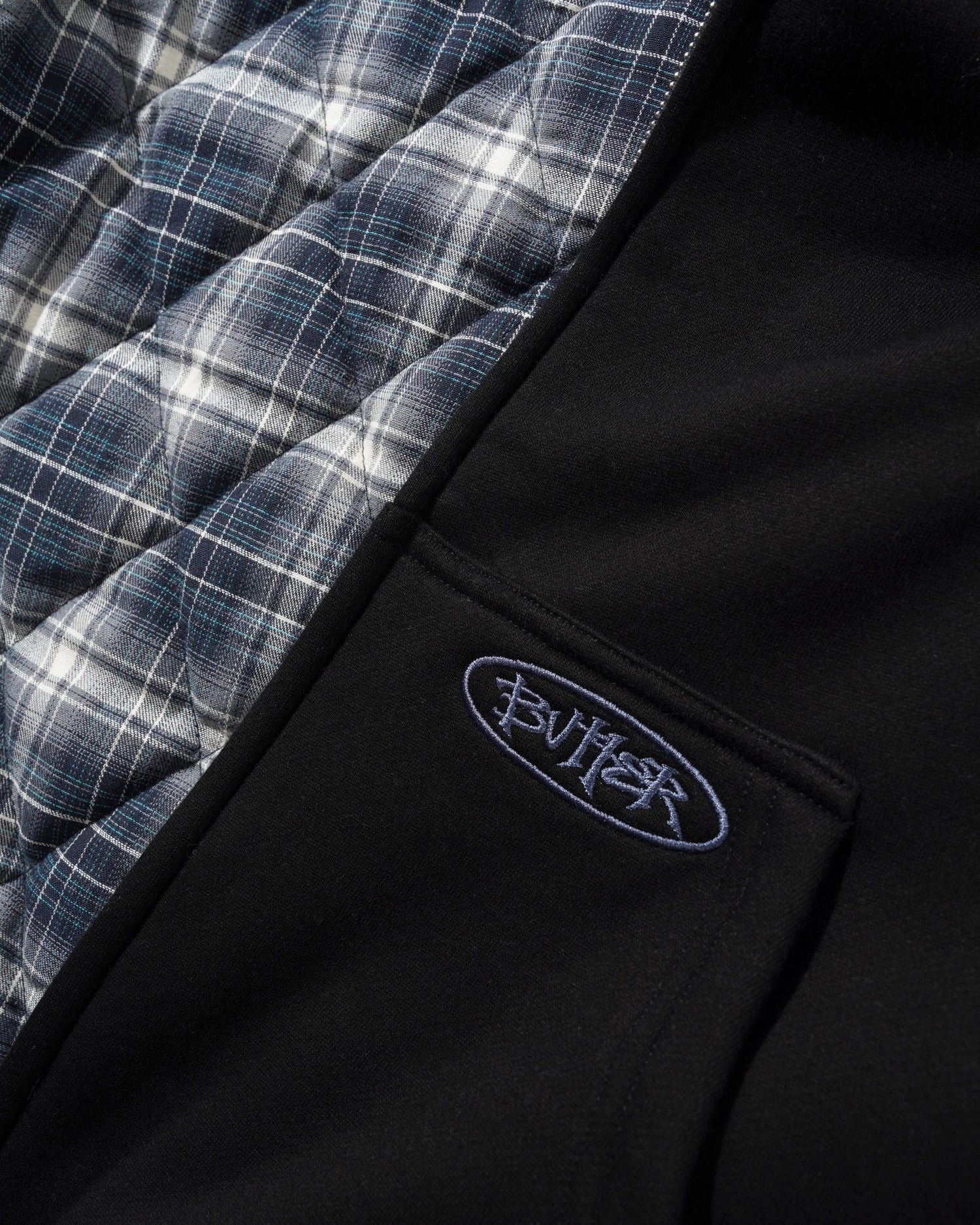 Plaid Lined Zip-Thru Hood, Black