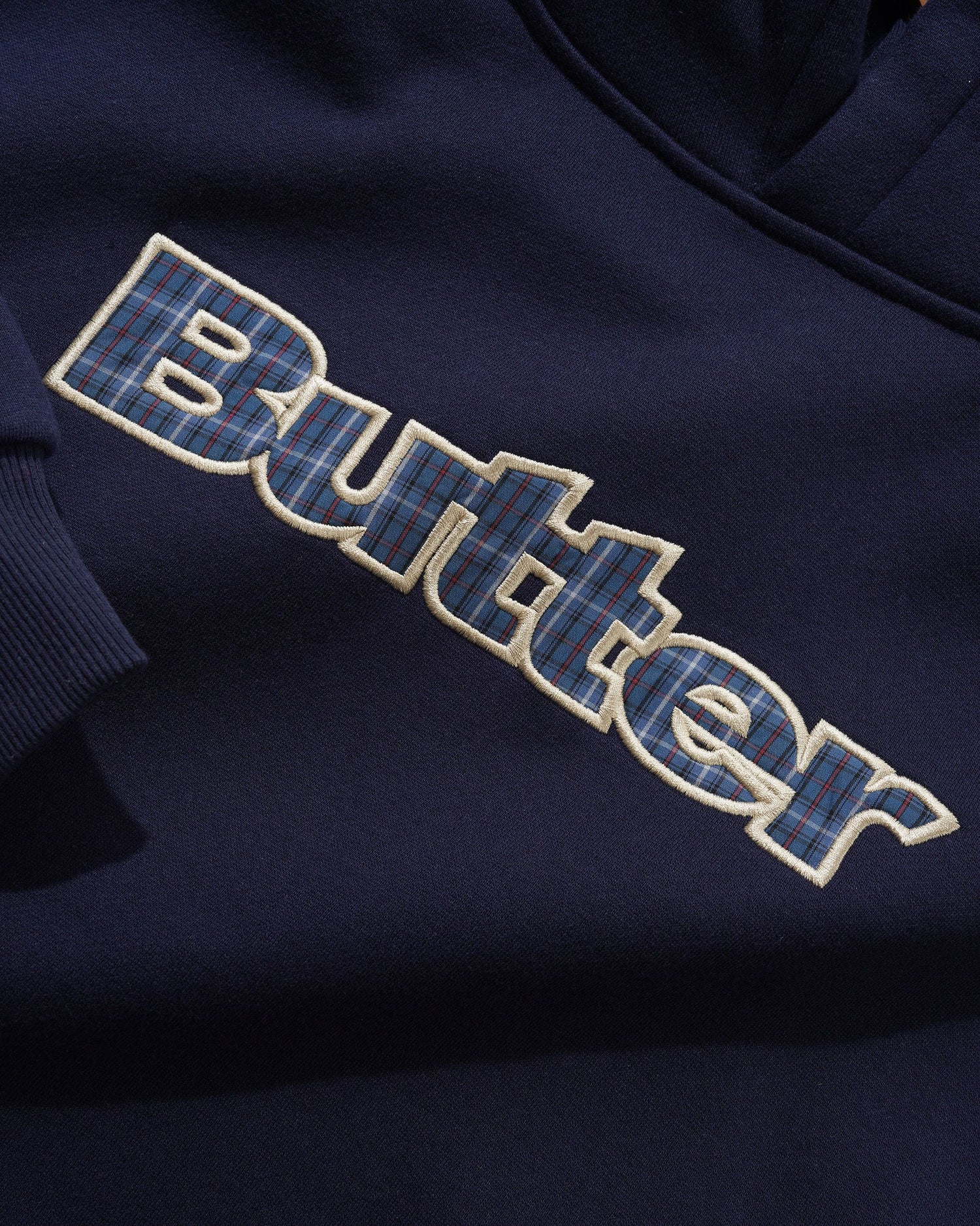 Plaid Logo Applique Pullover Hood, Navy