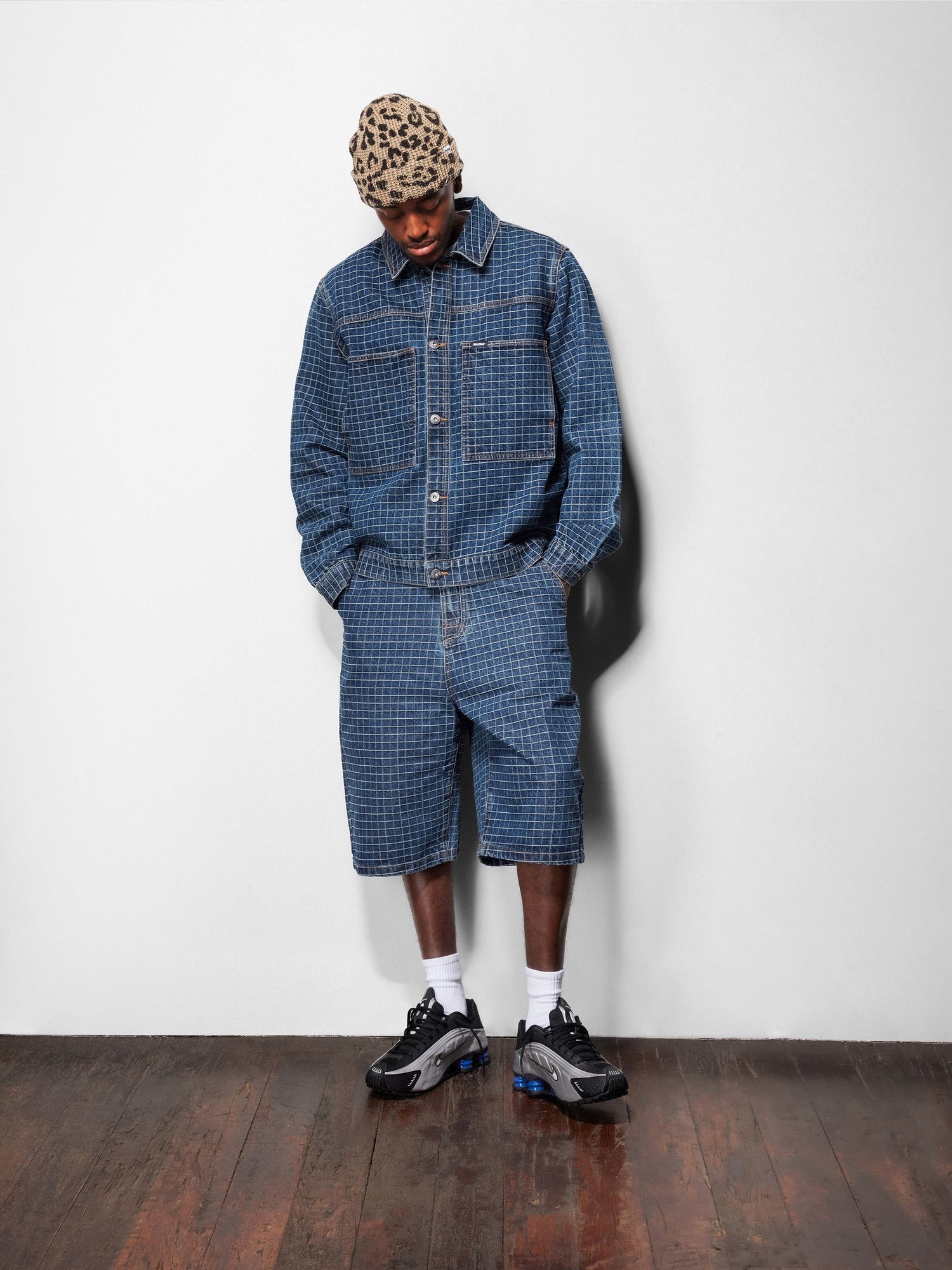 Big Grid Denim Shorts, Overdyed Black