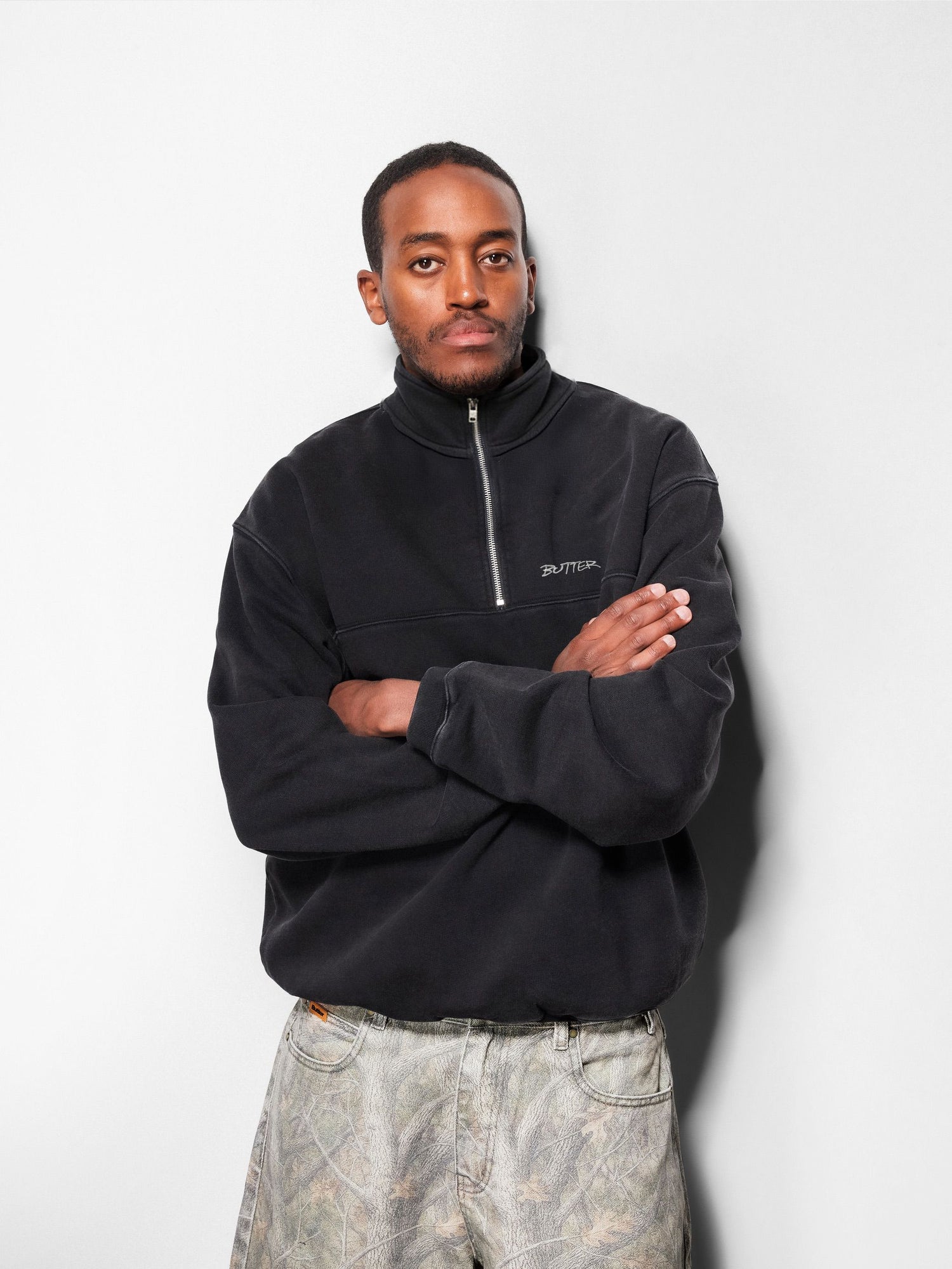 Panel 1/4 Zip Sweater, Washed Black