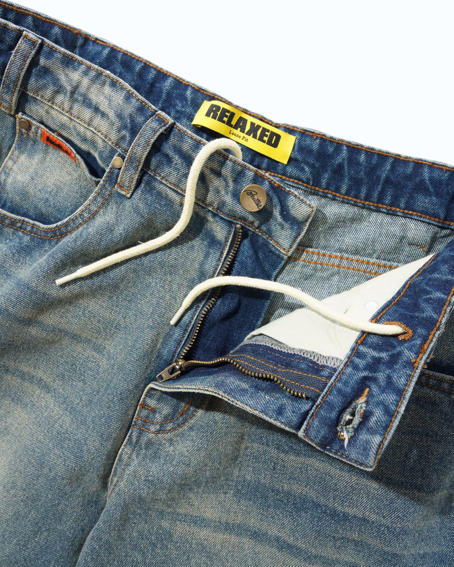 Relaxed Denim Jeans, Distressed Mid Blue