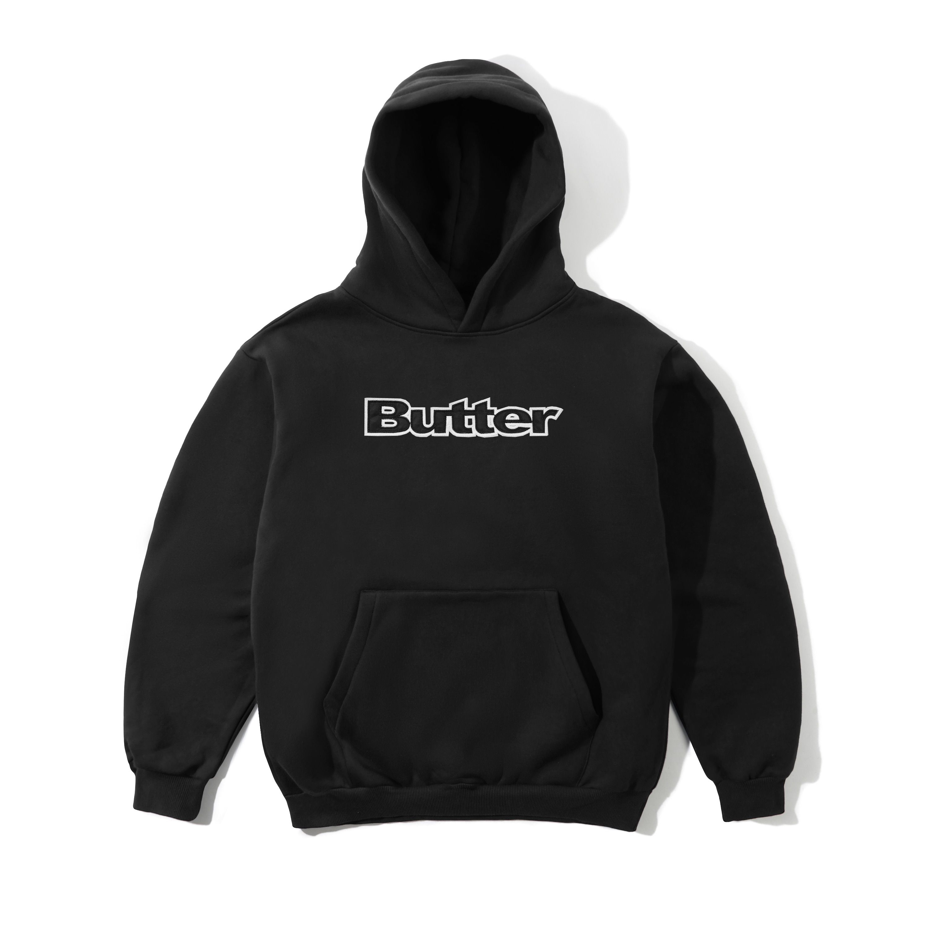 【BUTTER GOODS】Satin Logo Applique Pullover Hood パーカー Satin Logo Applique Pullover Hood, Black – Butter Goods