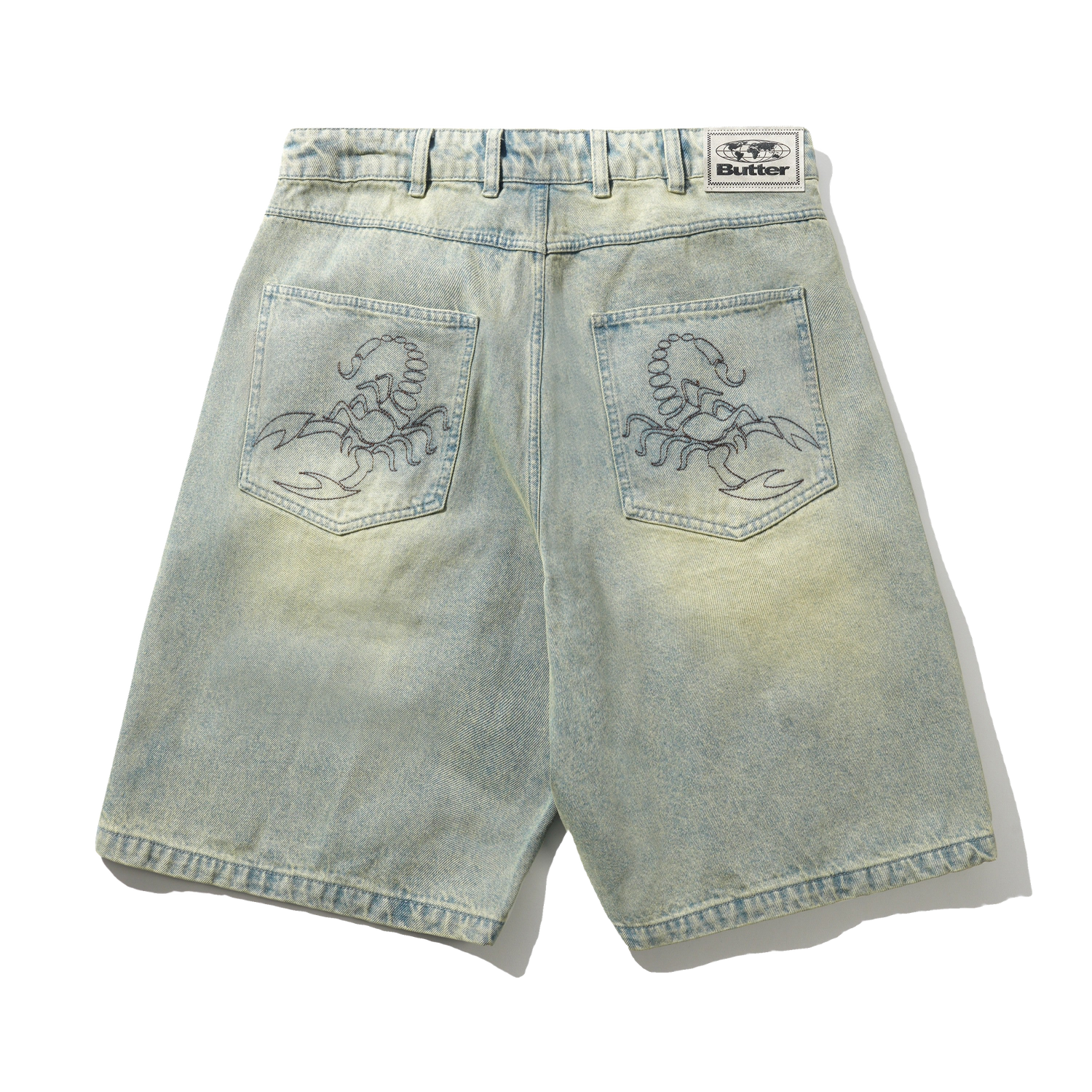 Scorpion Stitch Denim Shorts, Tinted Light Blue