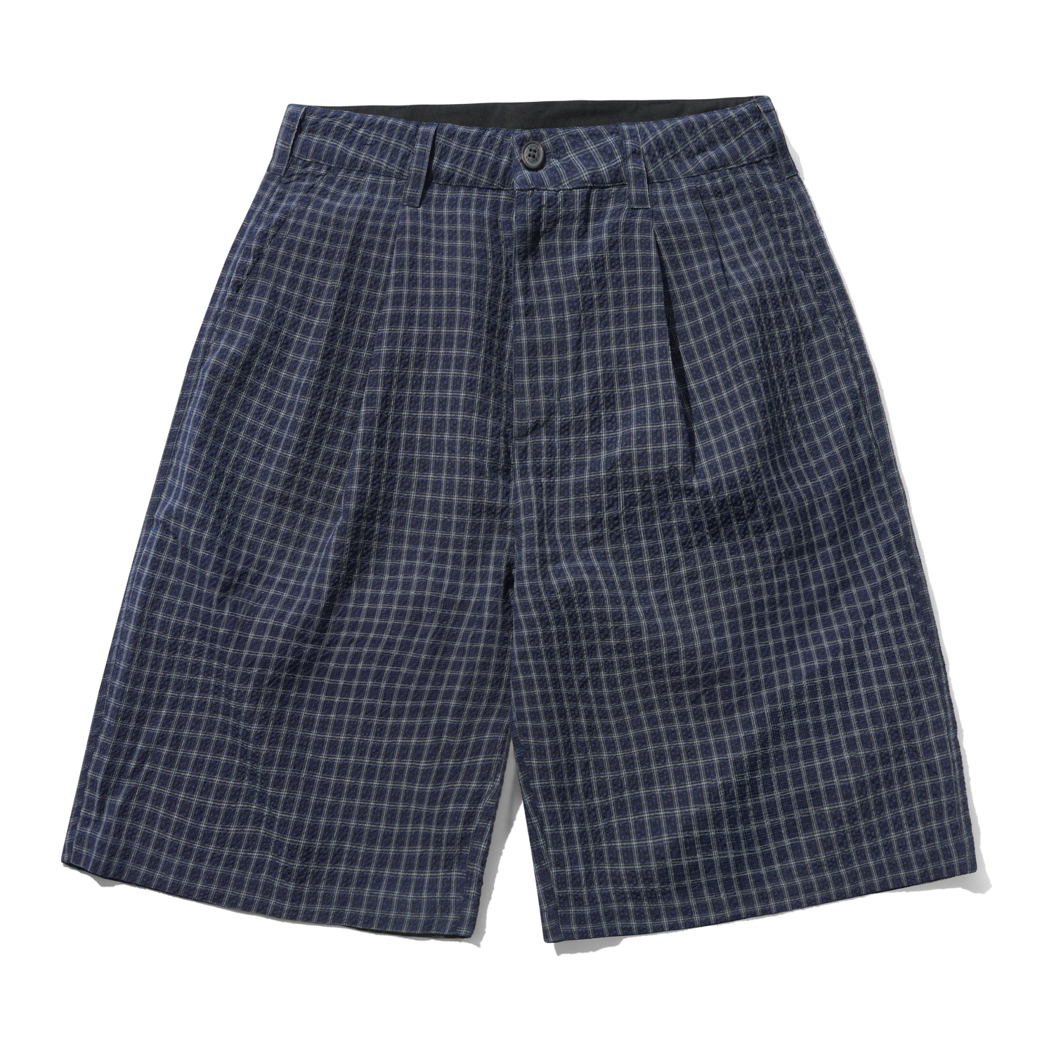Seersucker Pleated Shorts, Navy Plaid
