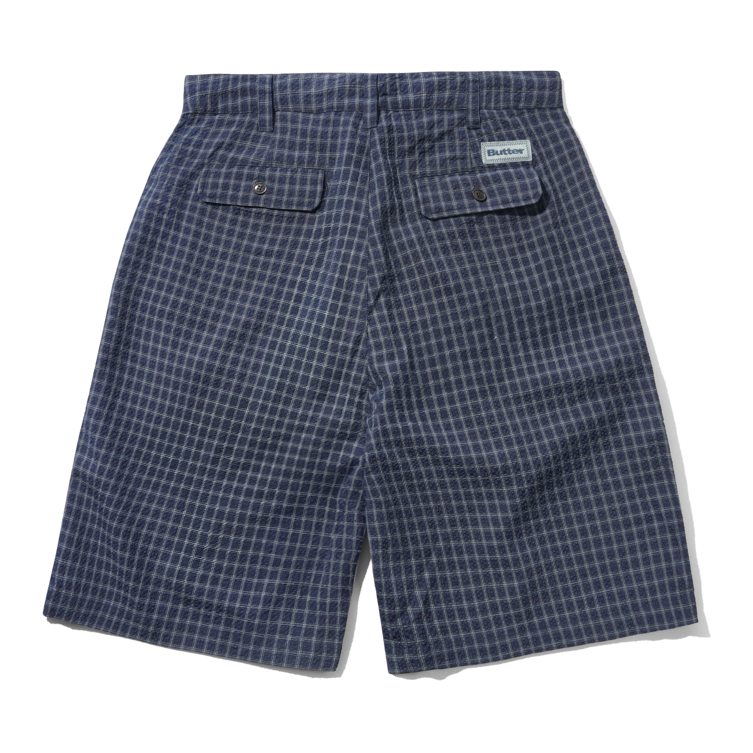 Seersucker Pleated Shorts, Navy Plaid