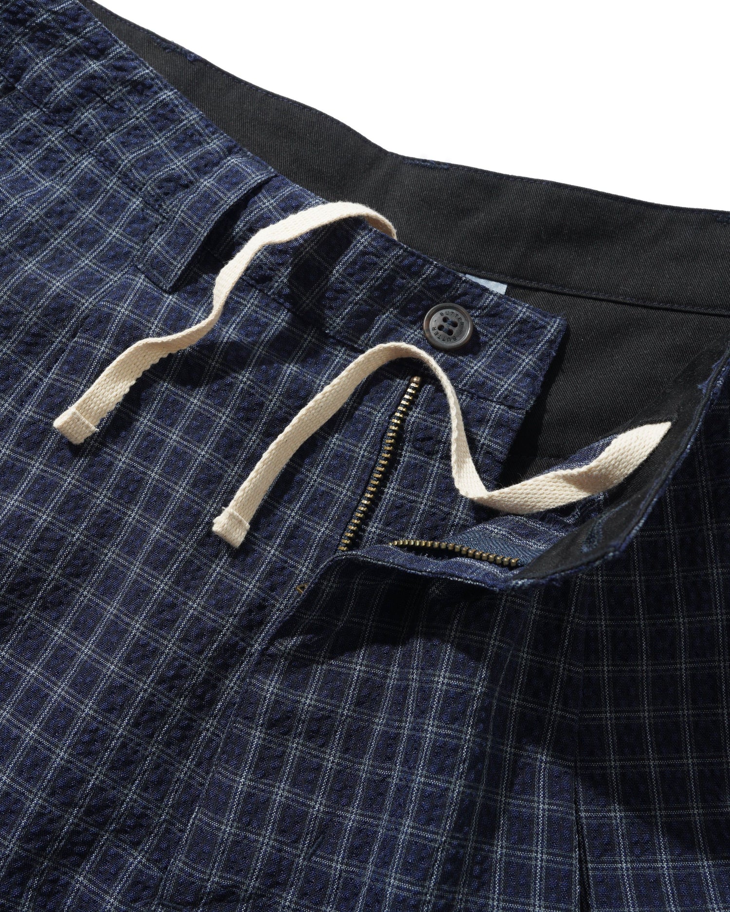 Seersucker Pleated Shorts, Navy Plaid