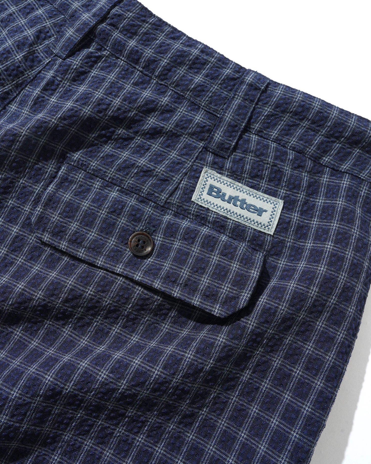 Seersucker Pleated Shorts, Navy Plaid