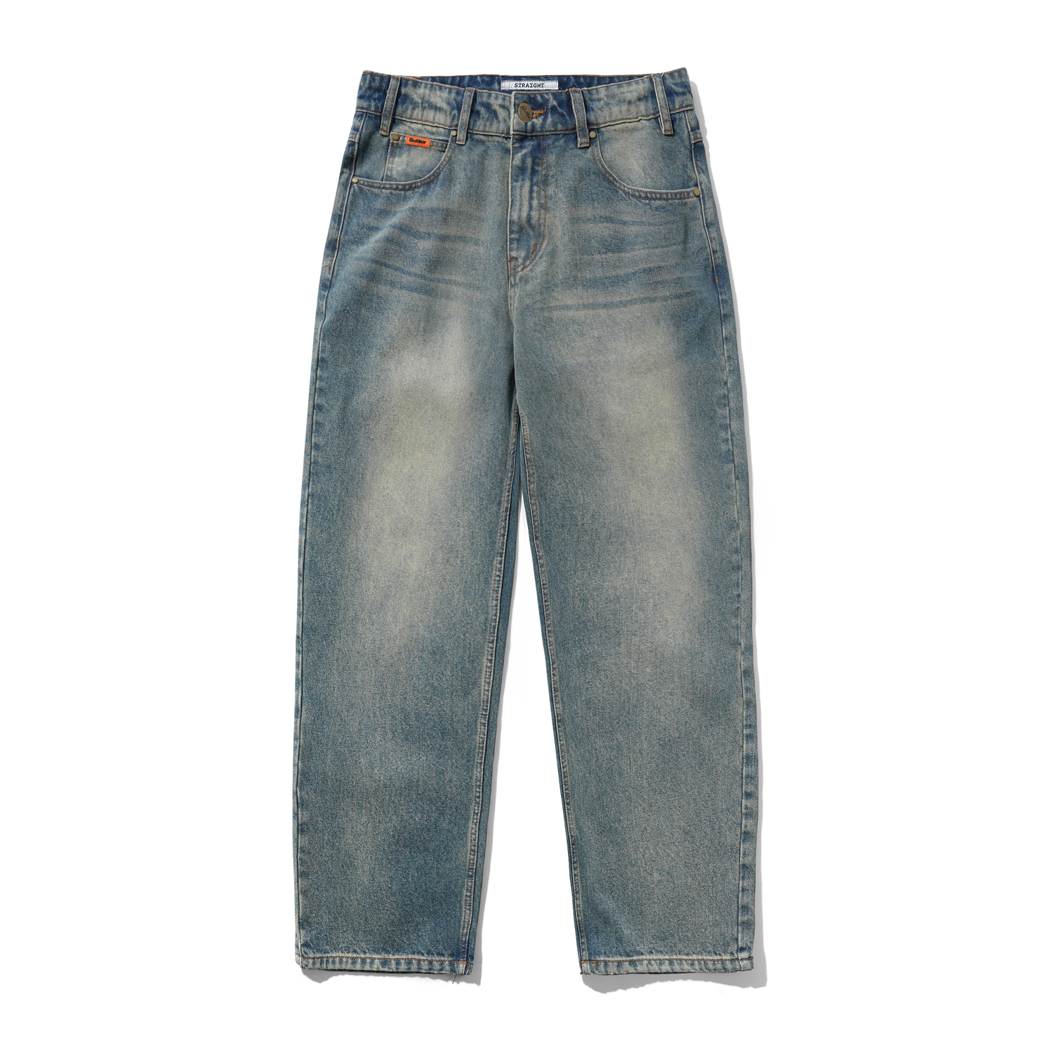 Straight Leg Denim Jeans, Distressed Mid Blue
