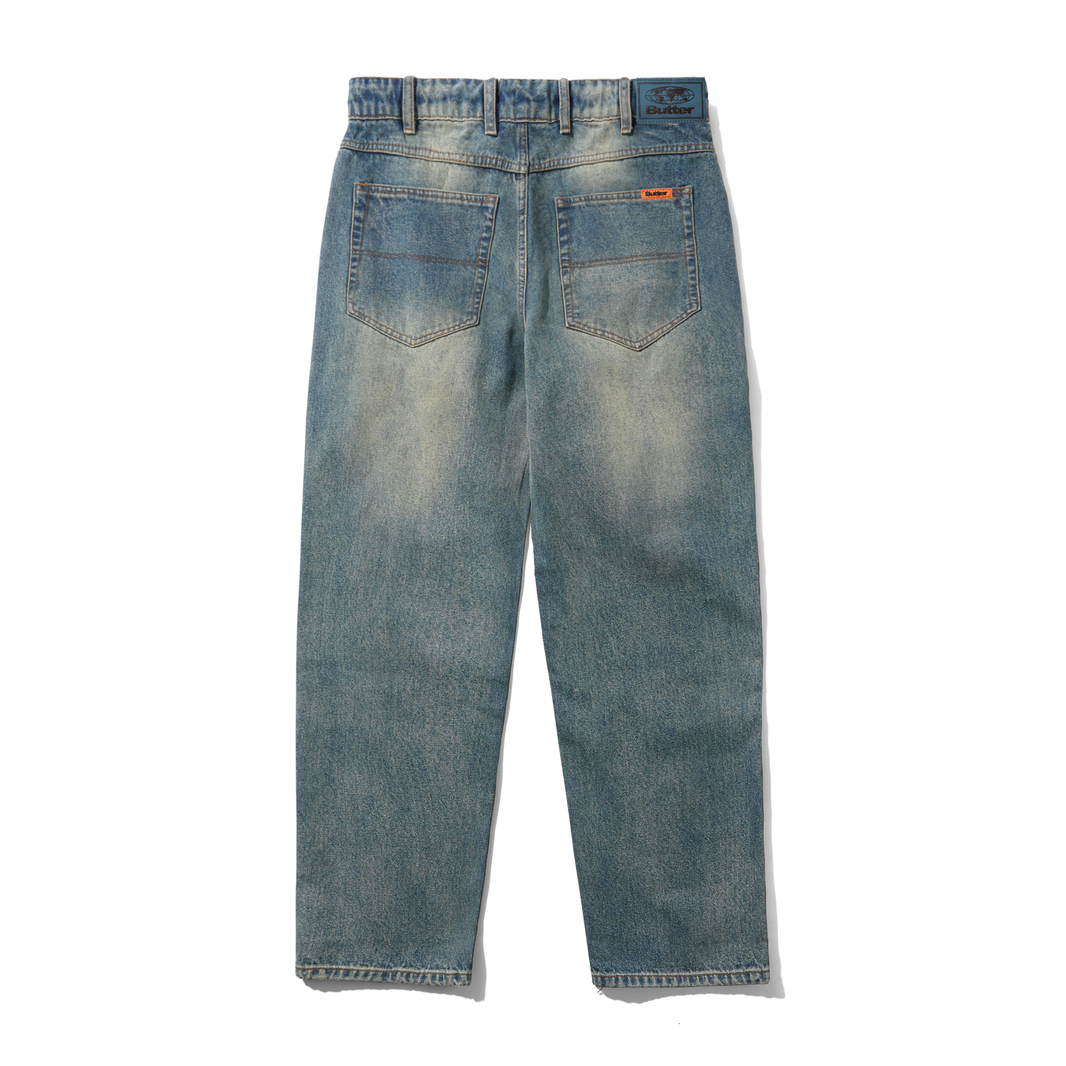 Straight Leg Denim Jeans, Distressed Mid Blue