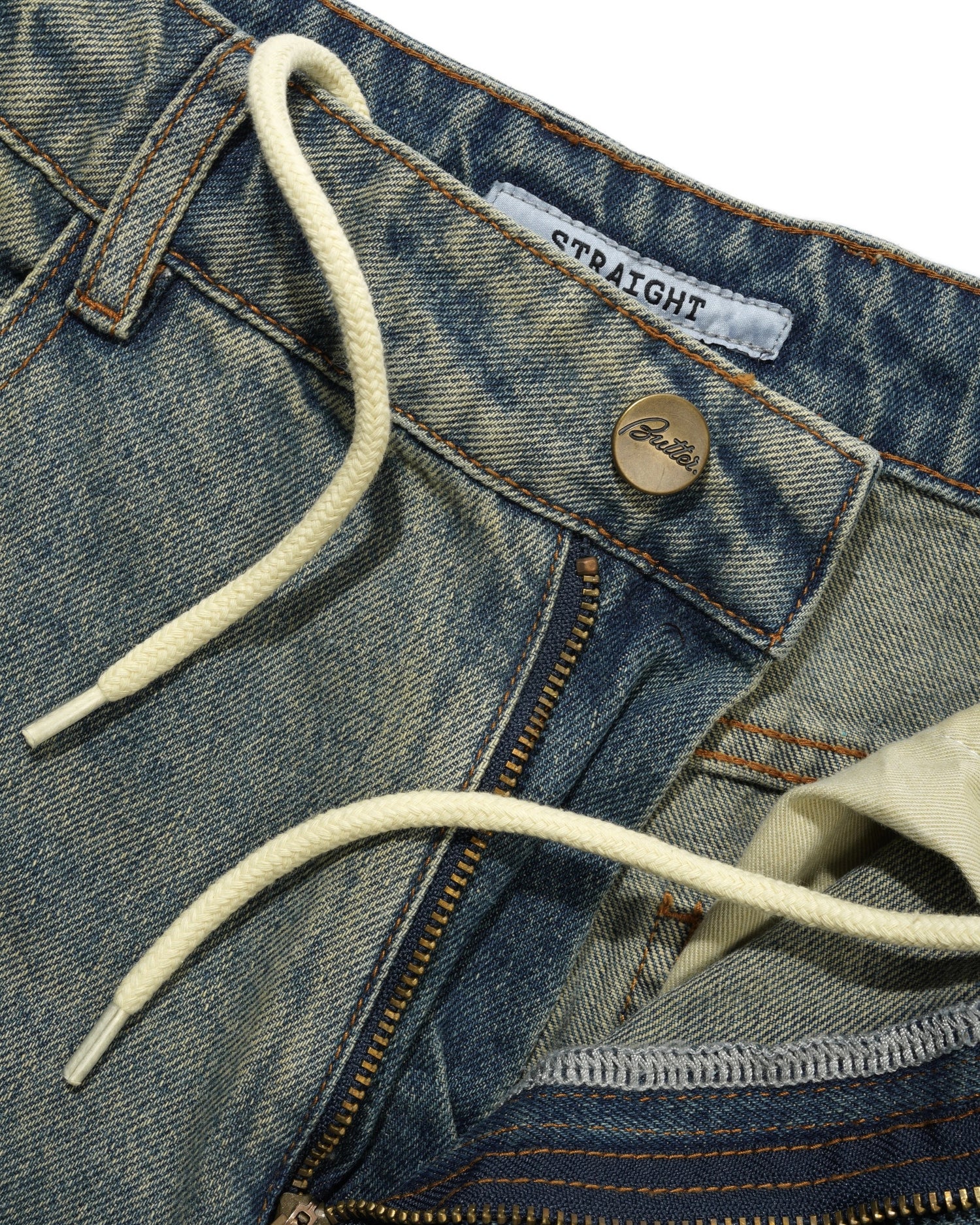 Straight Leg Denim Jeans, Distressed Mid Blue