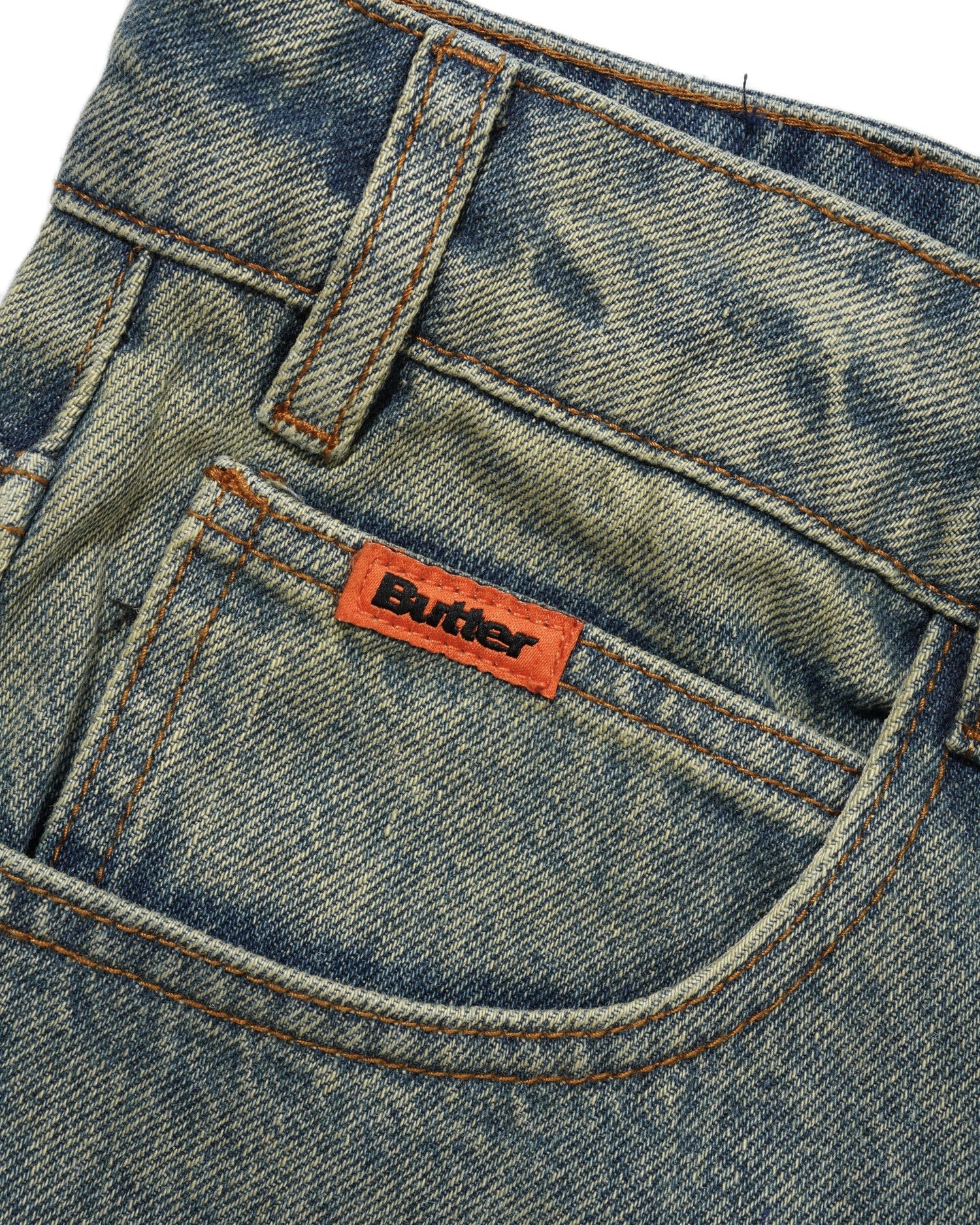 Straight Leg Denim Jeans, Distressed Mid Blue