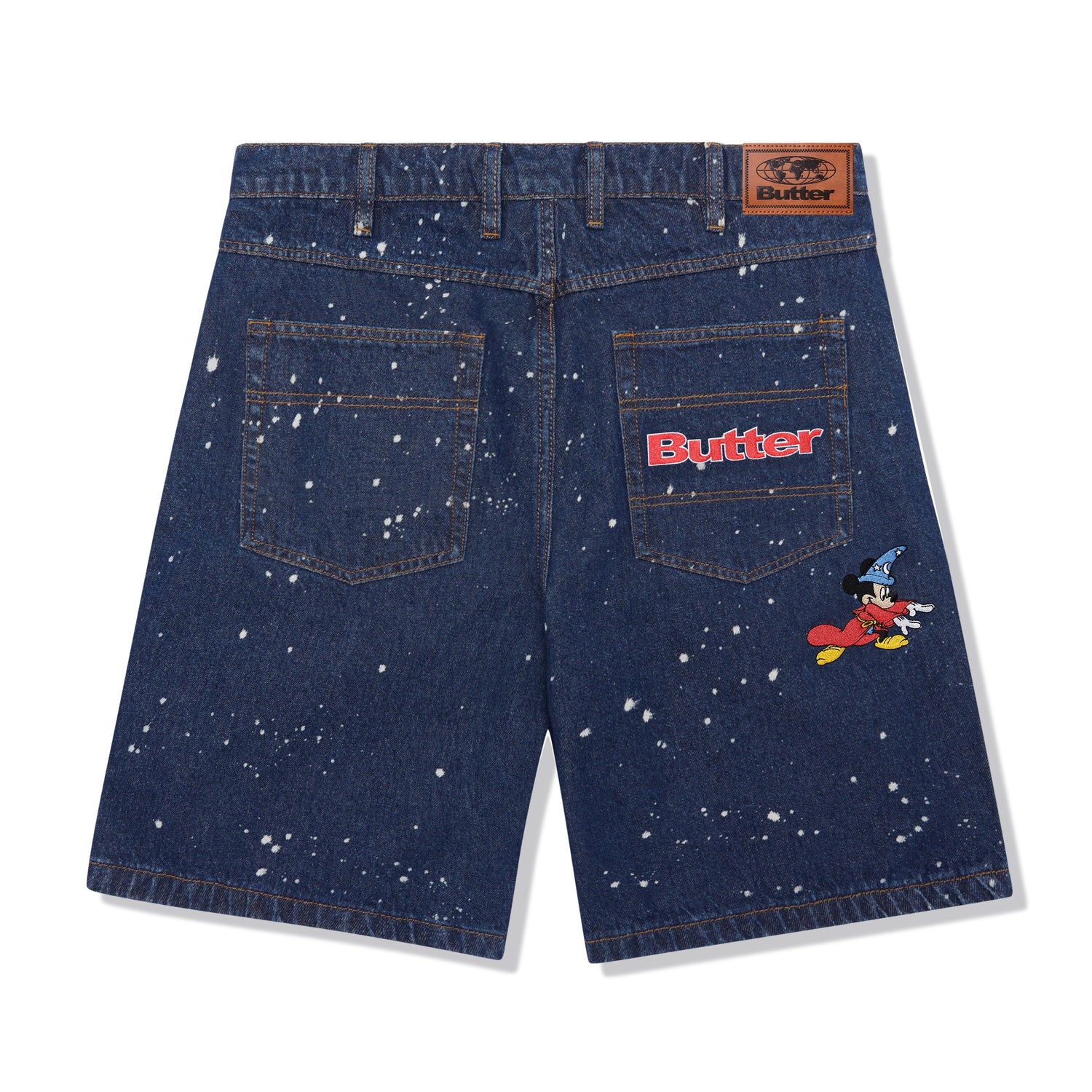 Sorcerer Baggy Denim Shorts, Dark Indigo Bleach Splatter